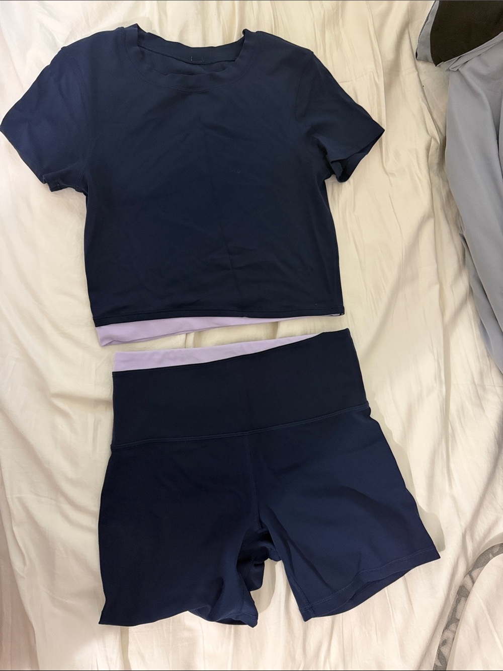 lululemon Navy Crop Top & High-Rise Shorts with Lavender Trim